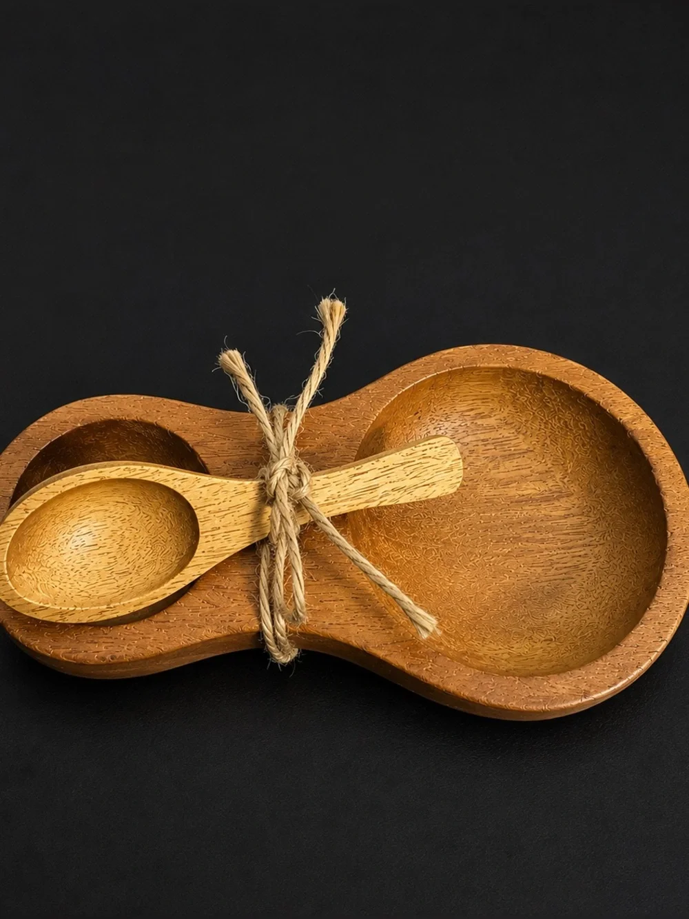 Wood Salt Pepper Cellar with Spoon Double Bowl Hand Carved Condiment Spice Dish